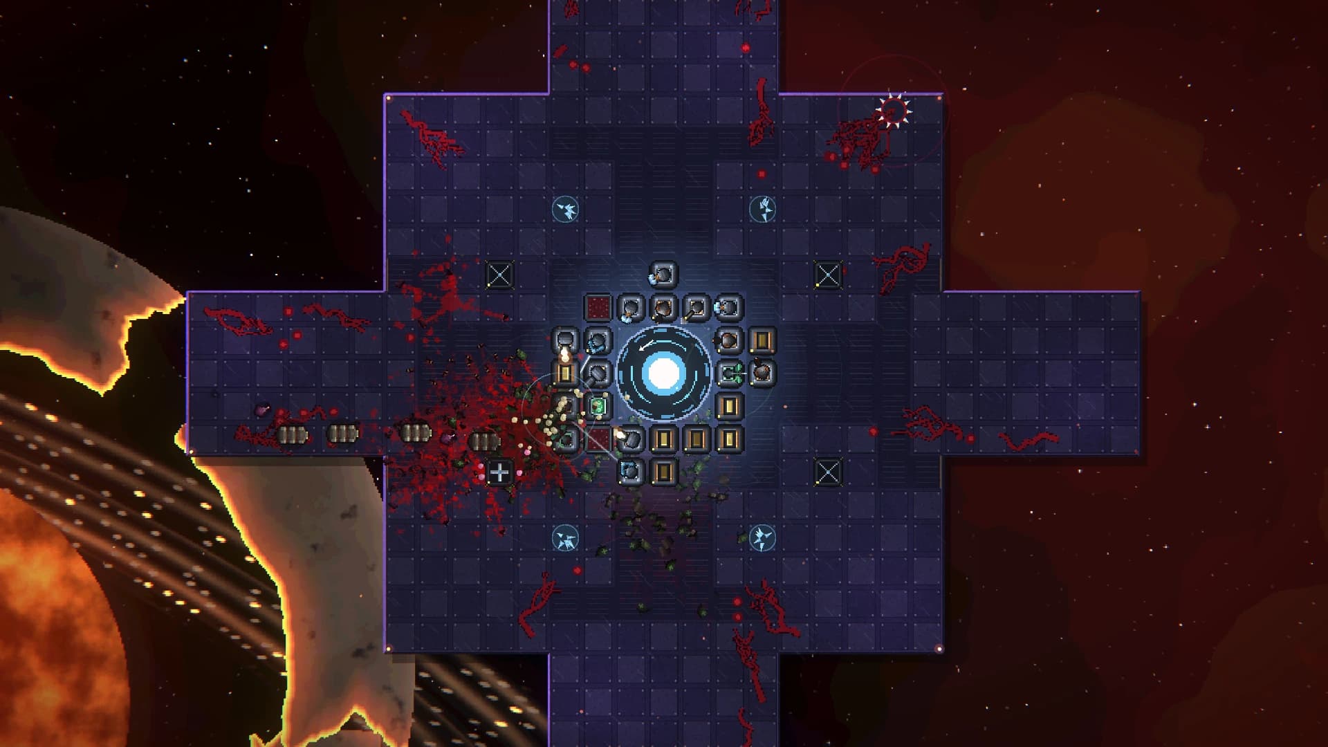 Close-up of a station in combat, between a burning planet and a ringed one