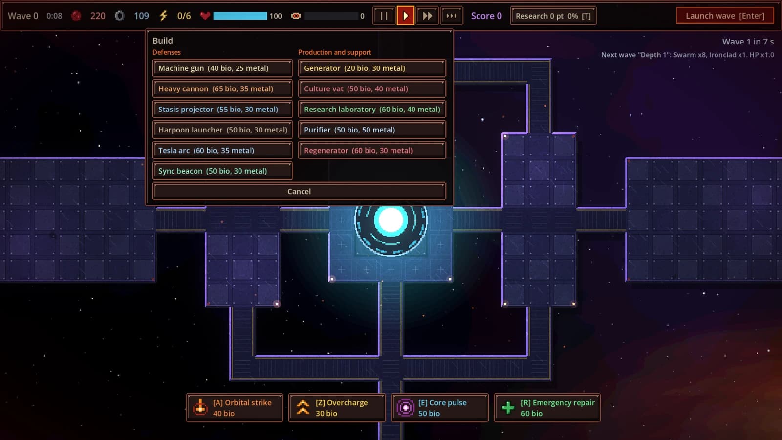 A build menu: defenses on one side, production and support on the other