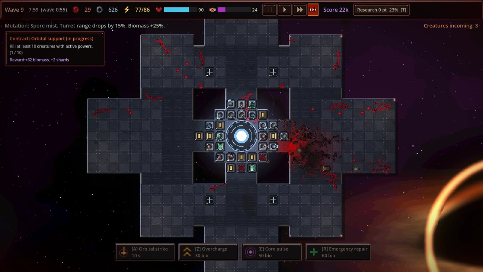 Depth 9, the defenses packed around the core