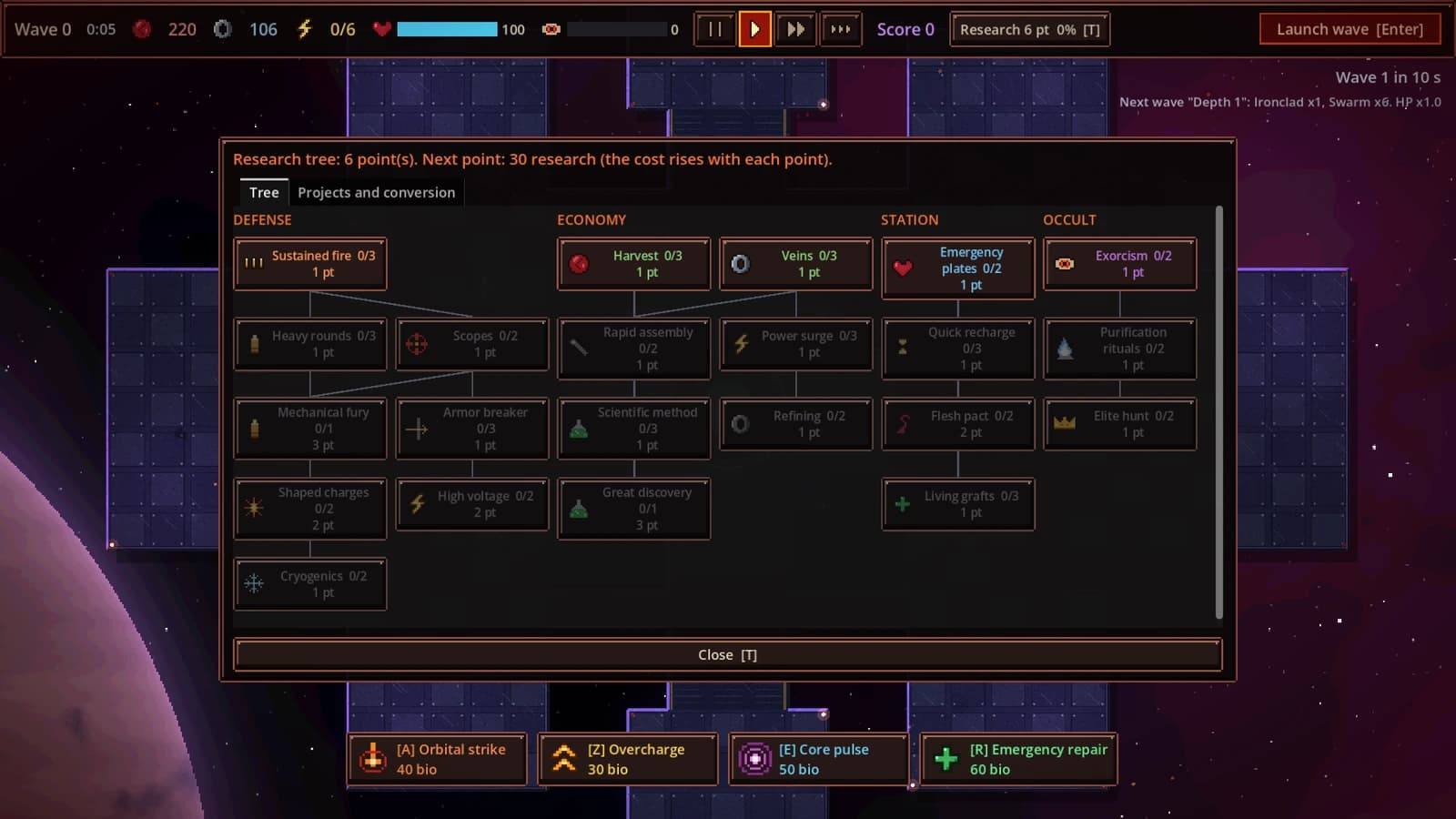 The research tree, split between defense, economy, station and occult